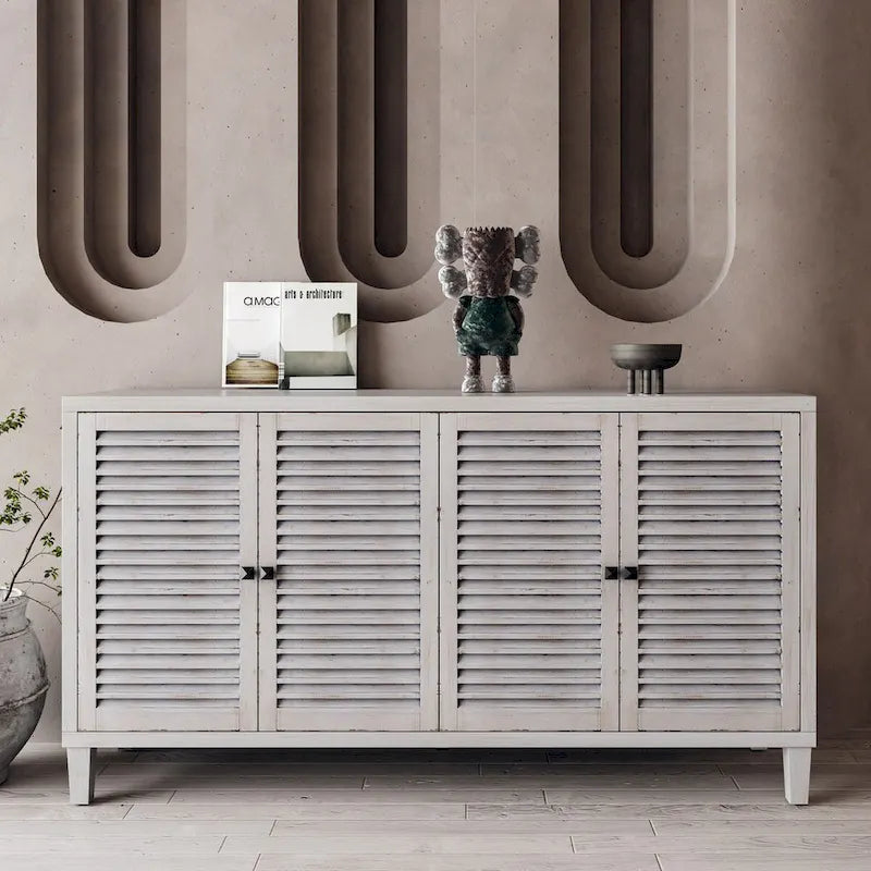 Meuble d'appoint 2 niveaux avec 4 portes persiennes – Blanc délavé
