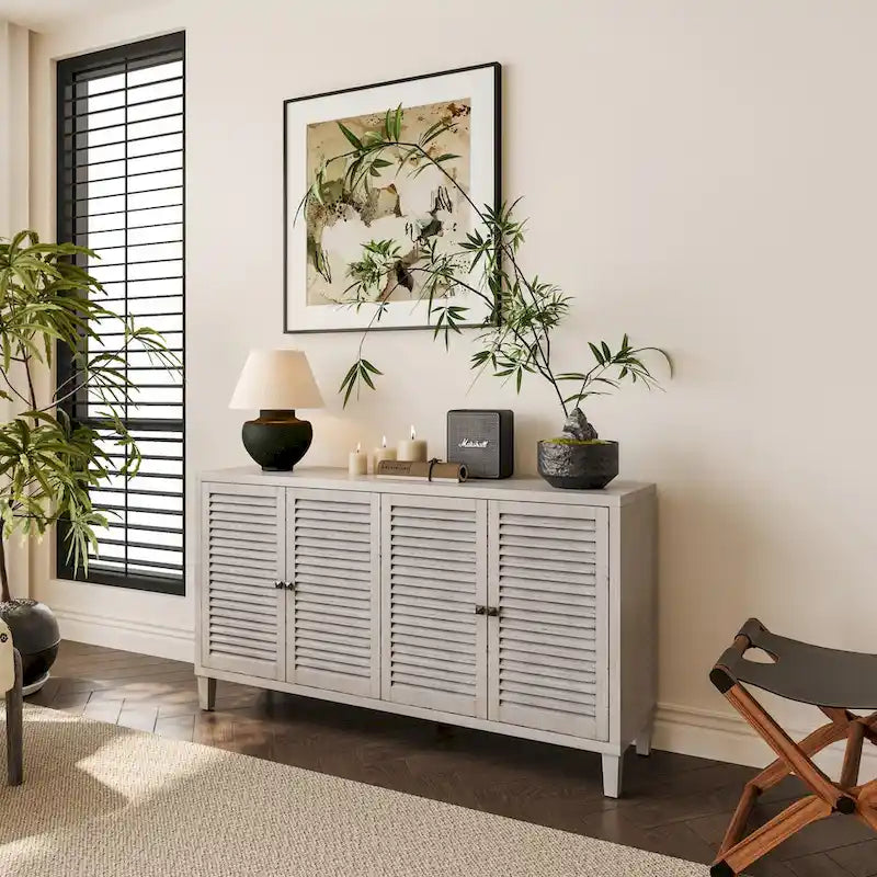 Meuble d'appoint 2 niveaux avec 4 portes persiennes – Blanc délavé