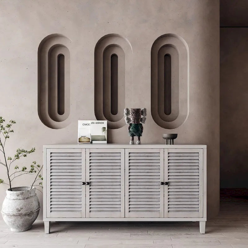 Meuble d'appoint 2 niveaux avec 4 portes persiennes – Blanc délavé