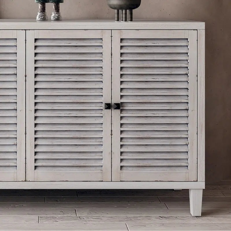Meuble d'appoint 2 niveaux avec 4 portes persiennes – Blanc délavé