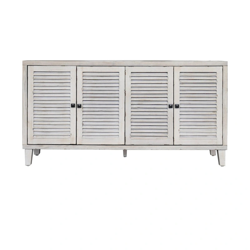Meuble d'appoint 2 niveaux avec 4 portes persiennes – Blanc délavé