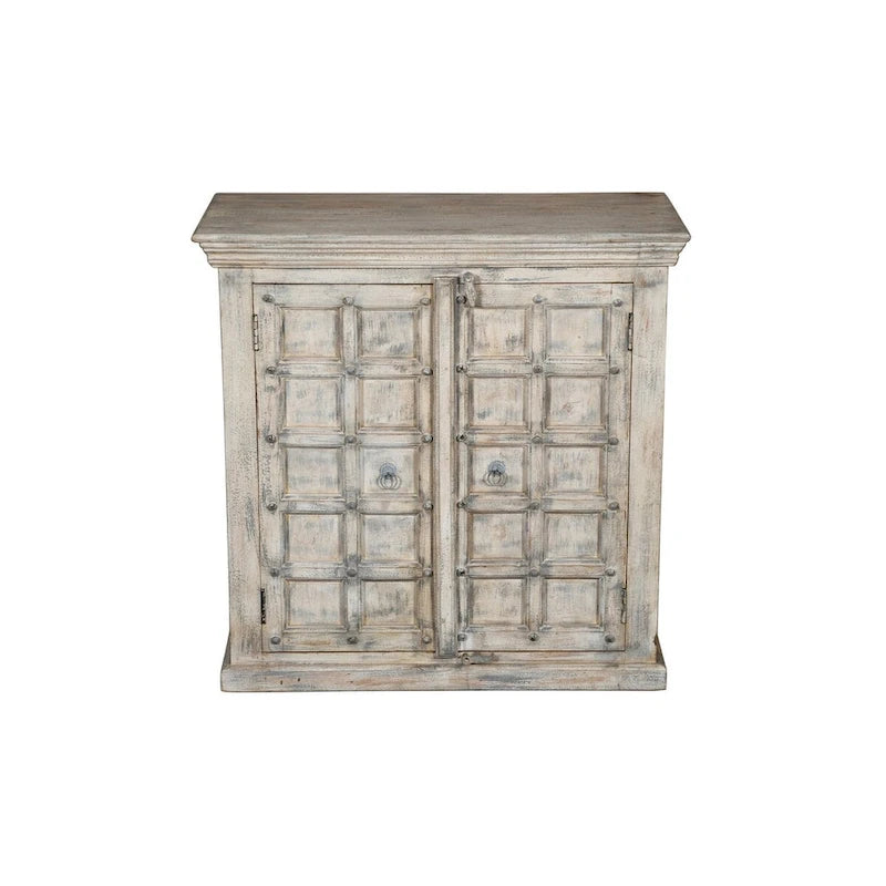 Meuble d'appoint 2 portes en bois massif fait main – Finition rustique blanchie