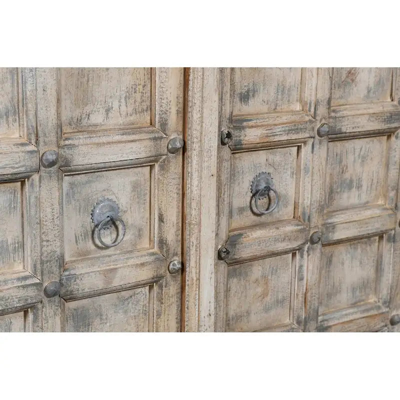 Meuble d'appoint 2 portes en bois massif fait main – Finition rustique blanchie