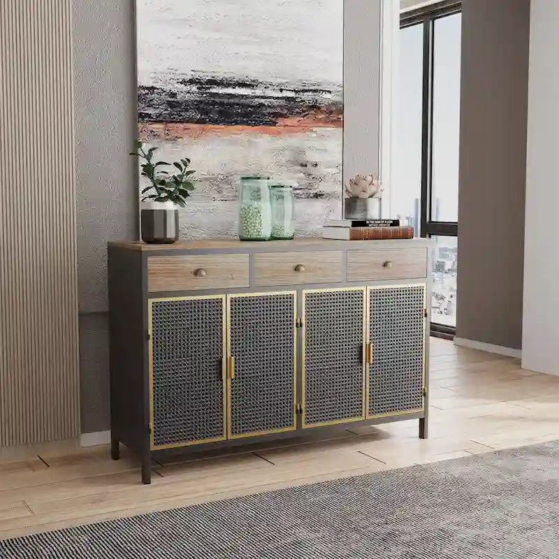 Buffet moderne 4 portes et 3 tiroirs | Cadre en fer et meuble de rangement en bois