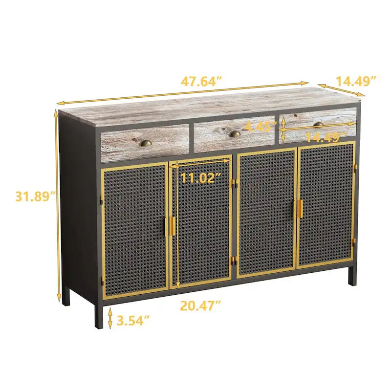 Buffet moderne 4 portes et 3 tiroirs | Cadre en fer et meuble de rangement en bois