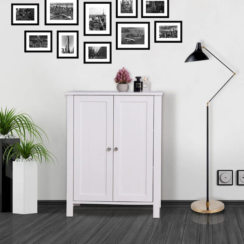 Meuble de rangement bas à deux portes avec étagères réglables – Blanc