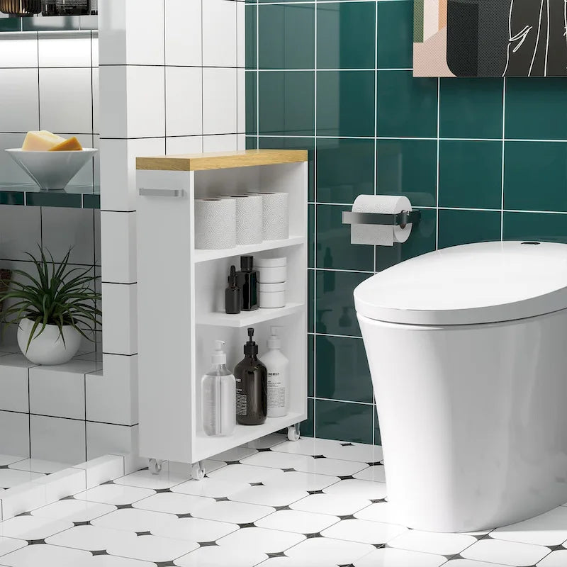 Chariot de rangement de salle de bain mince et roulant avec étagères ouvertes et porte basculante – Blanc