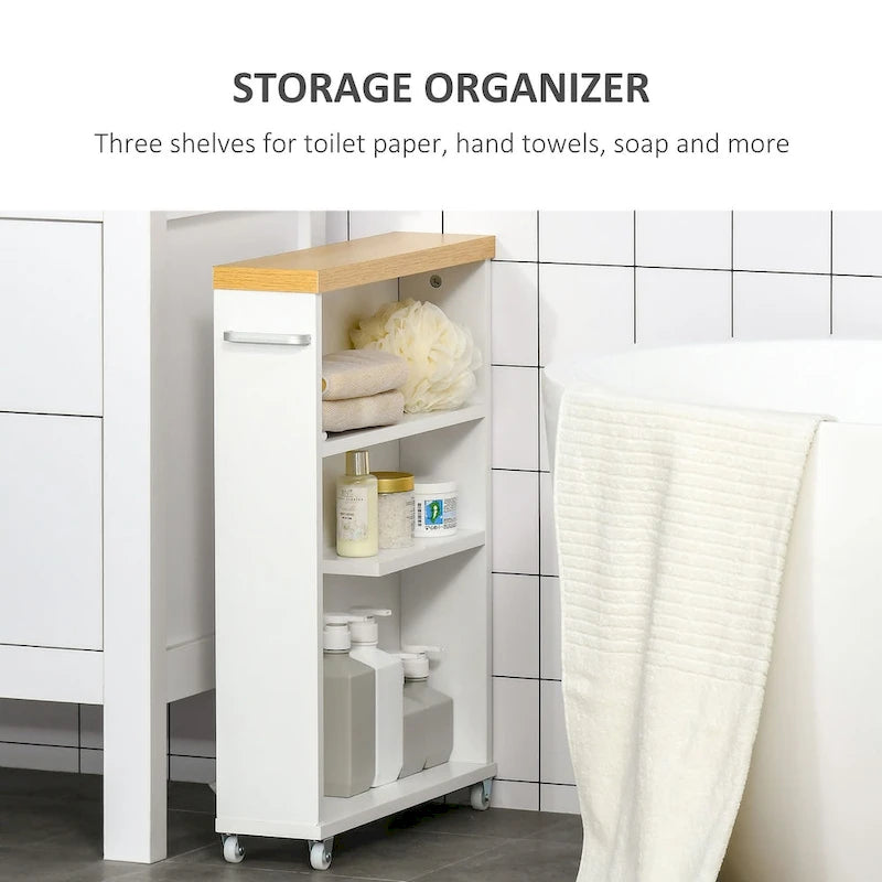 Chariot de rangement de salle de bain mince et roulant avec étagères ouvertes et porte basculante – Blanc