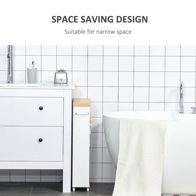 Chariot de rangement de salle de bain mince et roulant avec étagères ouvertes et porte basculante – Blanc