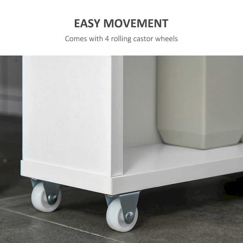 Chariot de rangement de salle de bain mince et roulant avec étagères ouvertes et porte basculante – Blanc