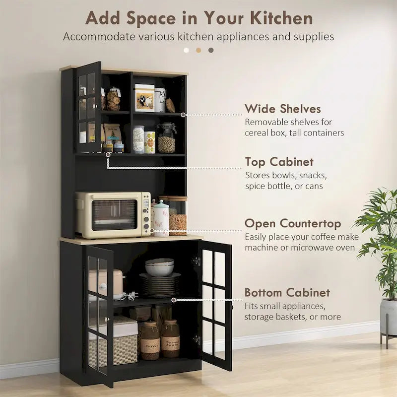 Armoire de cuisine autoportante de 72 pouces avec portes vitrées