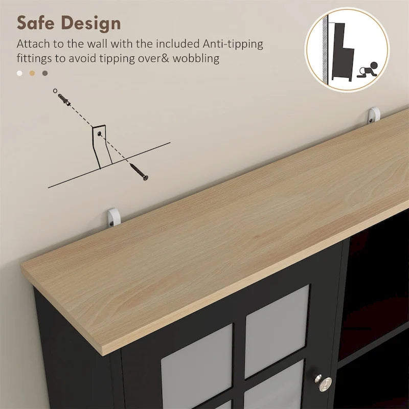 Armoire de cuisine autoportante de 72 pouces avec portes vitrées
